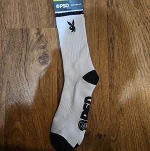 PSD White Crew Socks with Black Accents and Logo